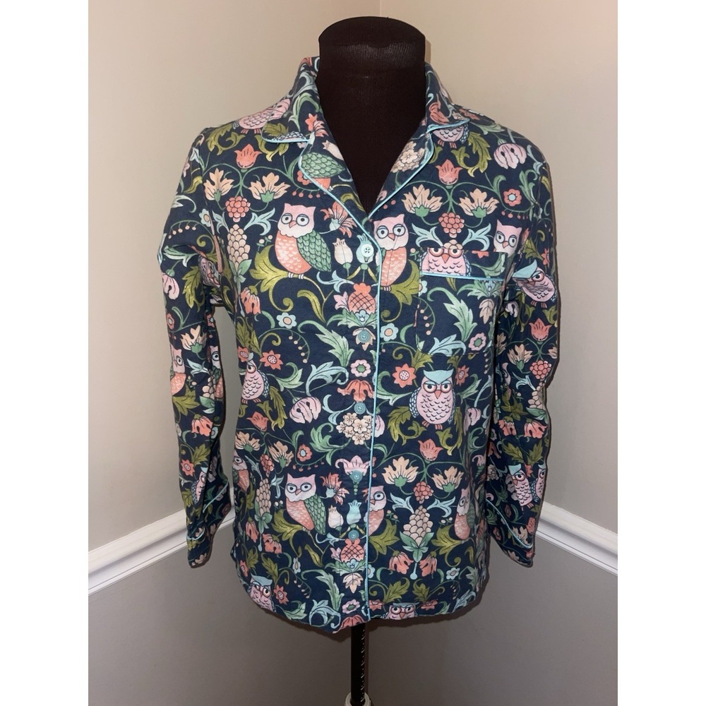 Nick & Nora Womens Flannel Button Front Pajama Shirt Sz S Blue Pink Owls Floral